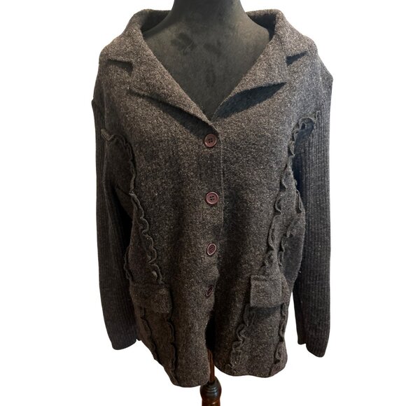 Women's Herman Geist Button-Up Gray Wool Blend Cardigan w/ Ruffle Details Sz XL - Picture 3 of 10
